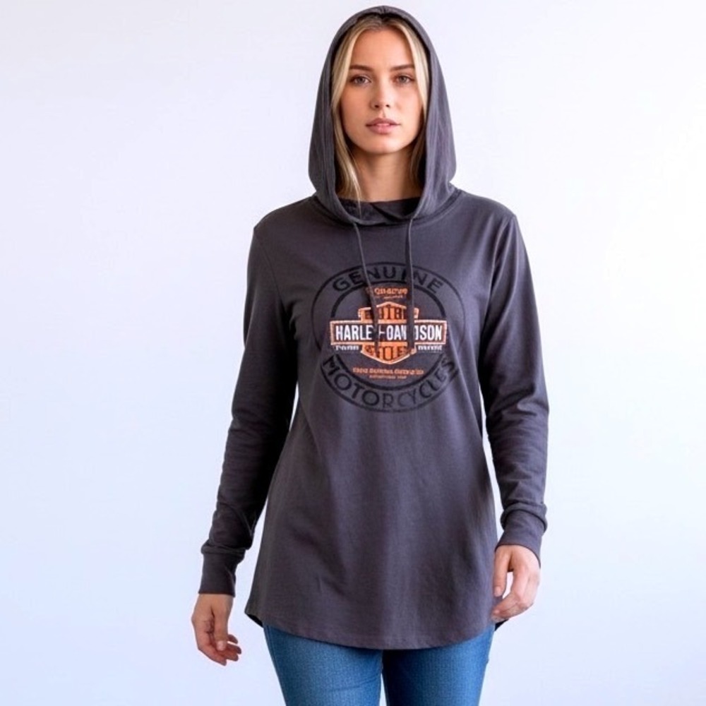 Harley Davidson Womens Hooded Long Sleeve Graphic Tee Gray Thumbholes XL